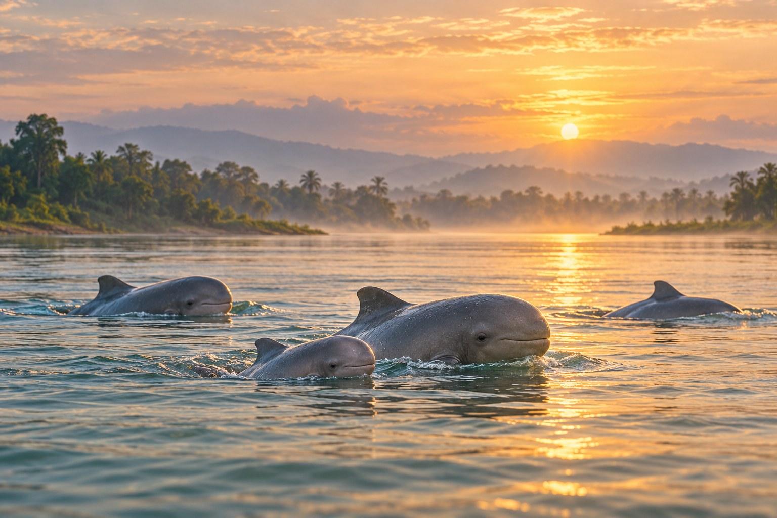 Editorial illustration of Irrawaddy dolphins and a calf surfacing in a calm river at sunrise.