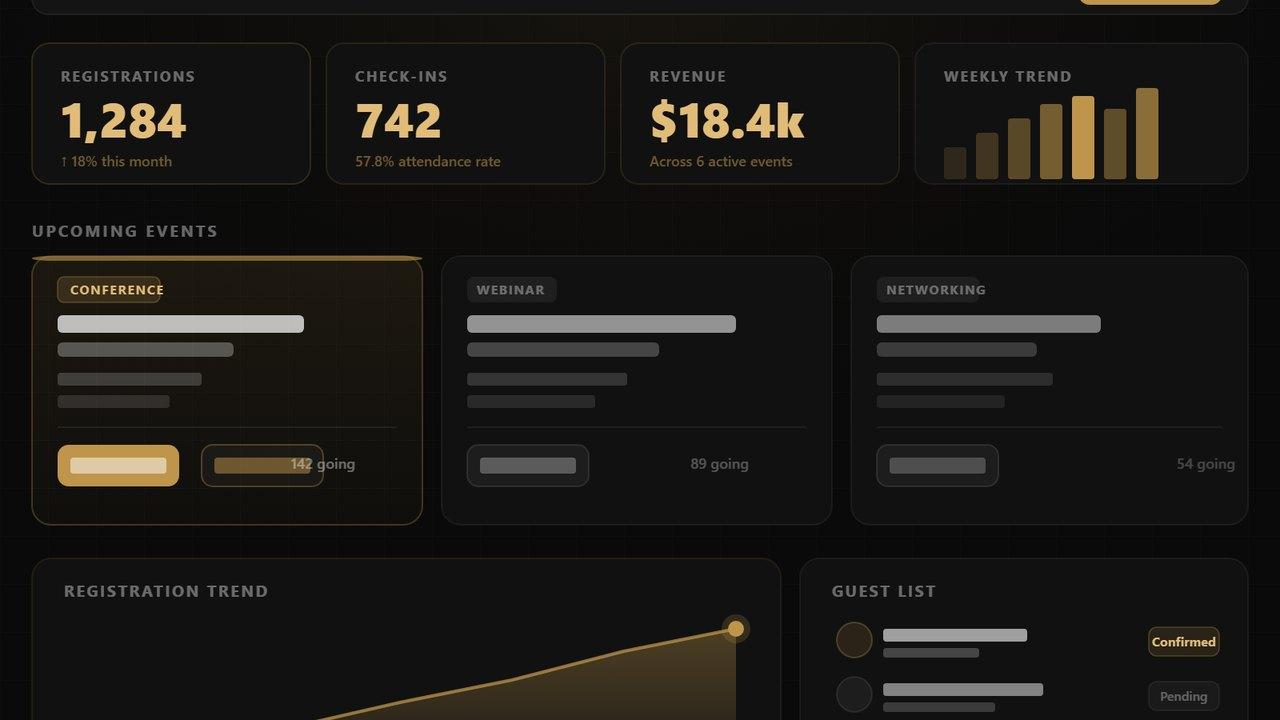 EVOKE Immersive Technologies' illustration of the Events Platform: a dark dashboard with gold figures for registrations, check-ins and revenue, cards for a conference, a webinar and a networking event, and the top of a registration chart and a guest list.