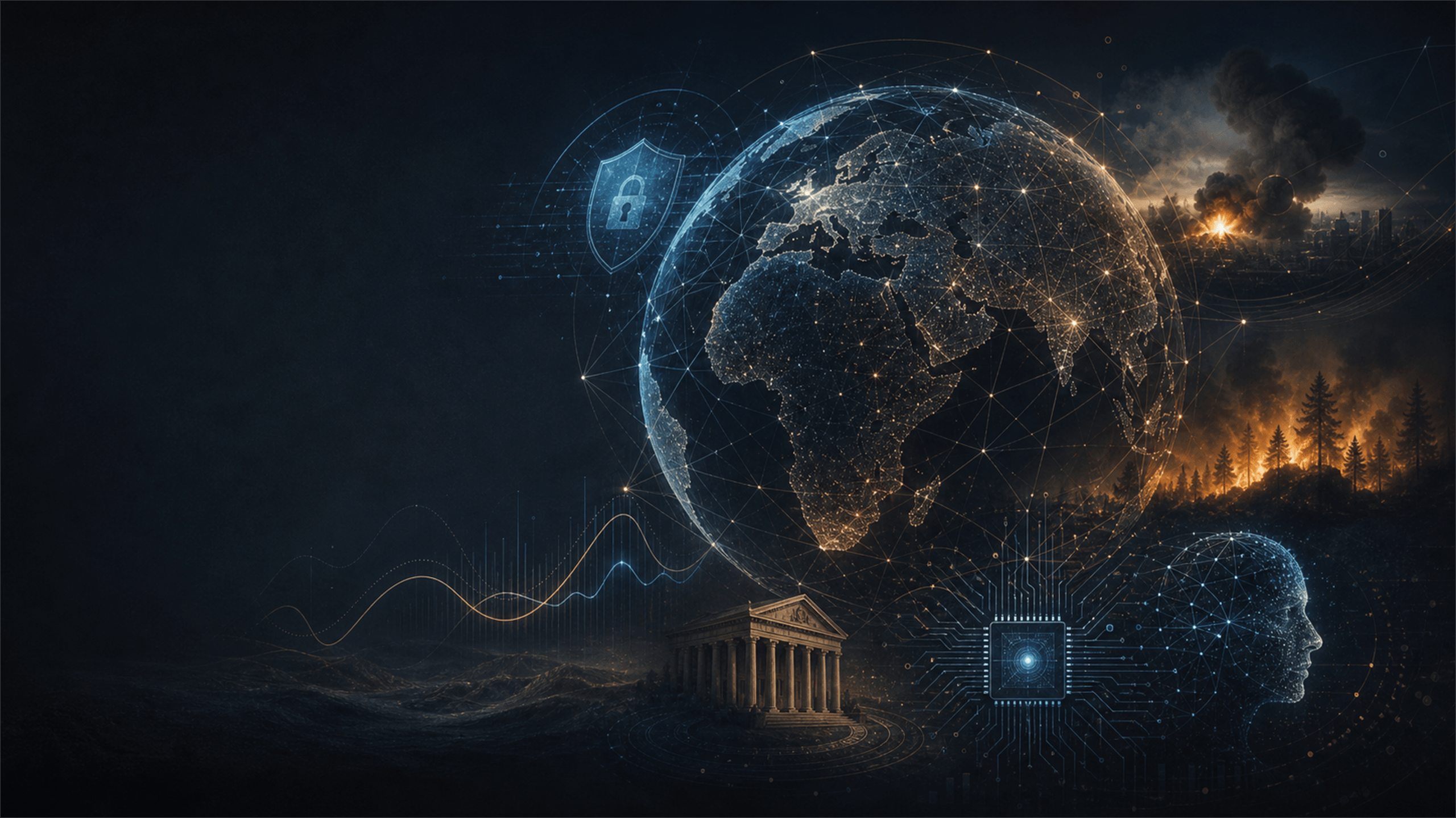 An editorial illustration of a connected globe surrounded by cyber security, wildfire, finance and artificial-intelligence motifs.