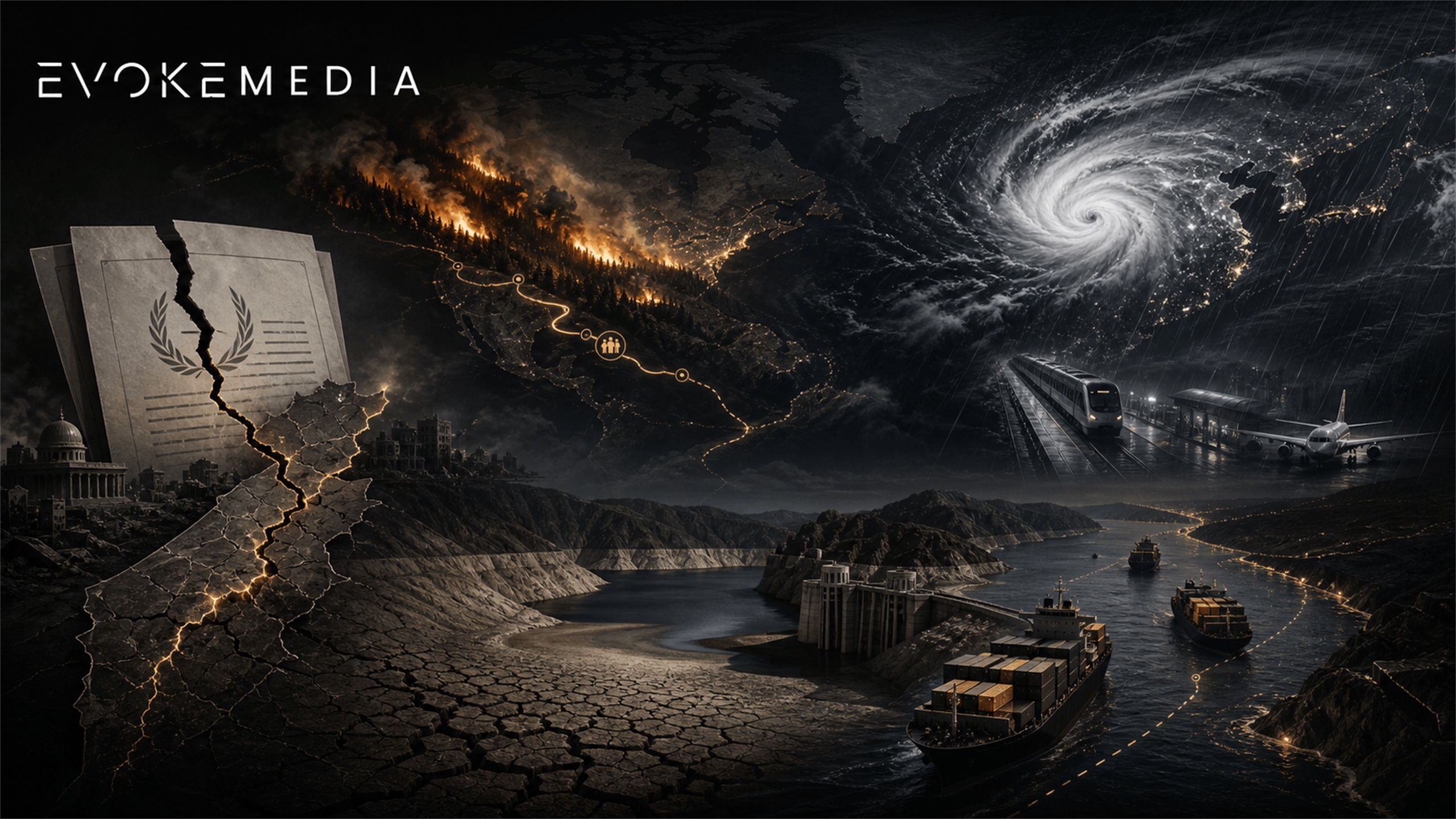 An Evoke Media editorial montage showing a diplomatic document, western wildfires, an East Asian typhoon, a depleted reservoir and cargo ships in a strategic waterway.