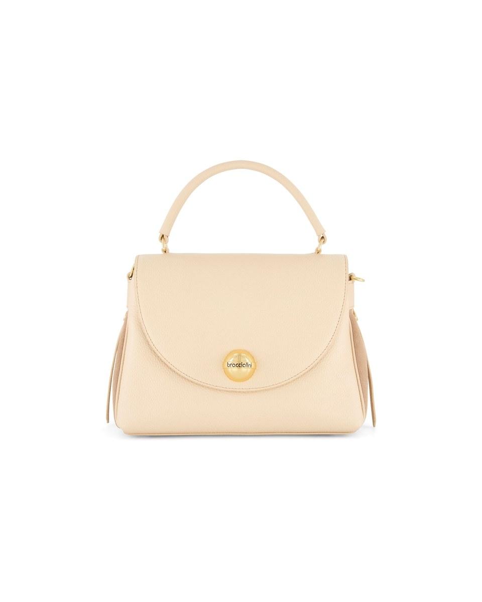 The Ariel Cream Crossbody Bag: a cream leather bag with a top handle and a round gold-tone clasp.