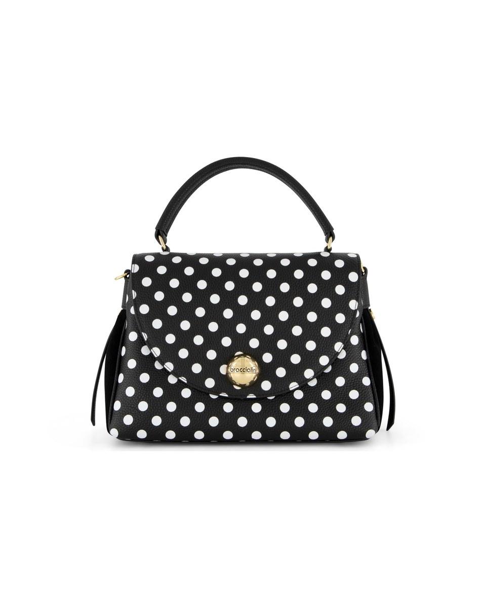 The Ariel Black Polka Dot Crossbody Bag: a black bag with white polka dots, a top handle and a gold-tone clasp.