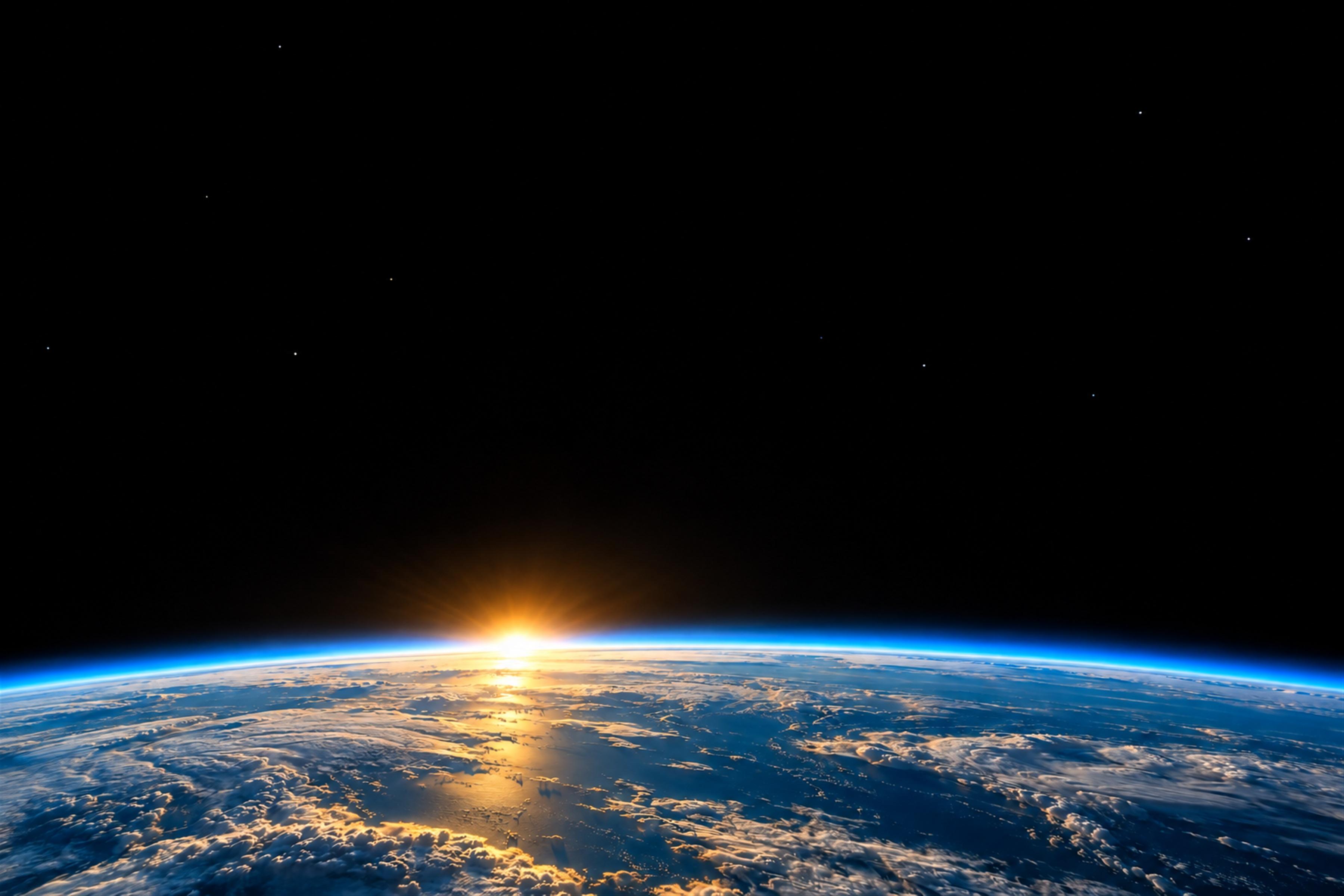 The curve of the Earth seen from space, with the sun rising over the horizon above the clouds.