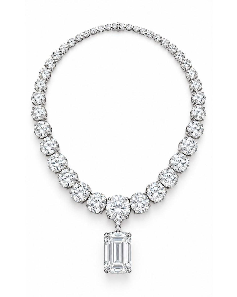 The Radiance Emerald Cut Diamond Necklace: a rectangular clear stone hanging from a collar of round clear stones.