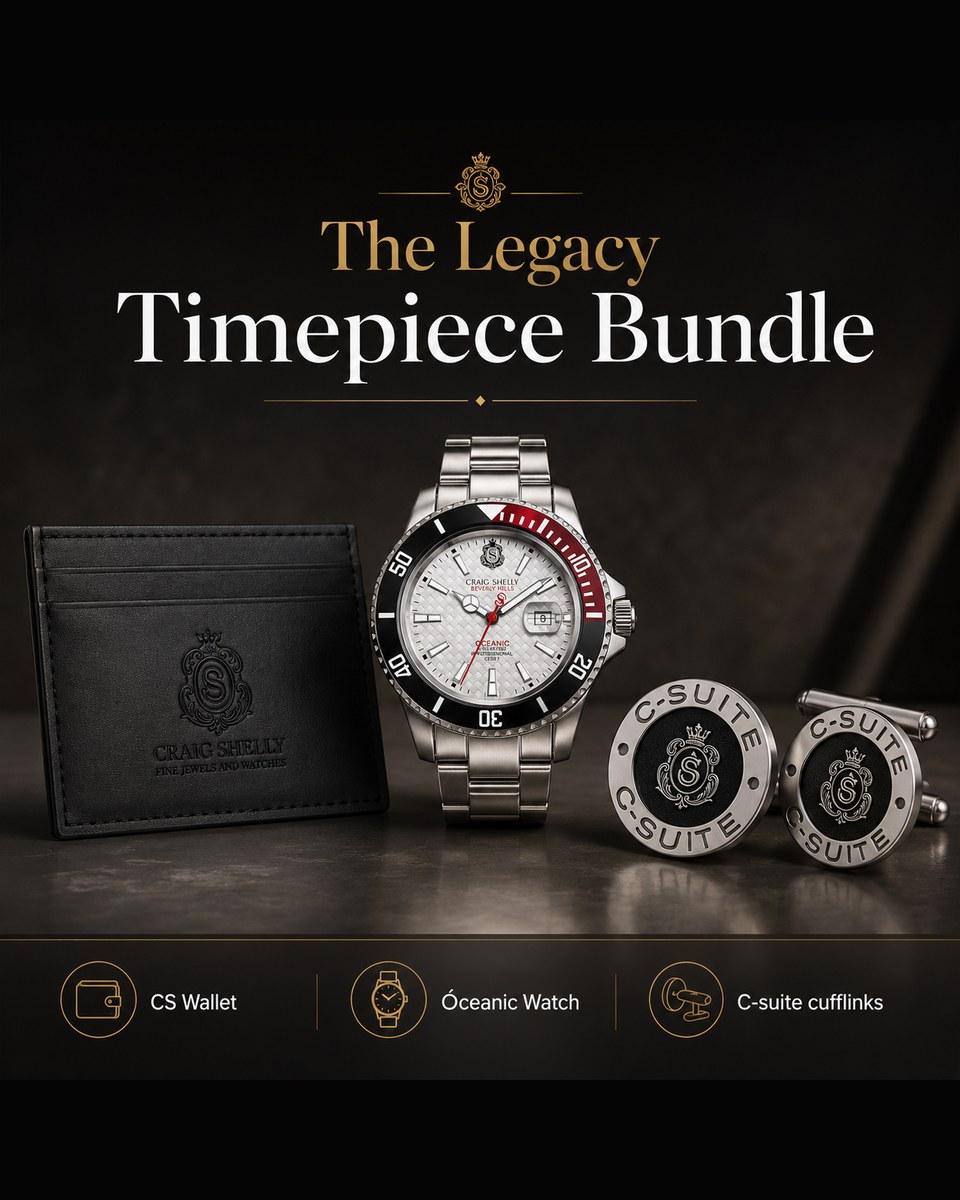 The Legacy Timepiece Bundle: a steel watch with a red bezel, a pair of cufflinks and a black wallet, on a dark background.