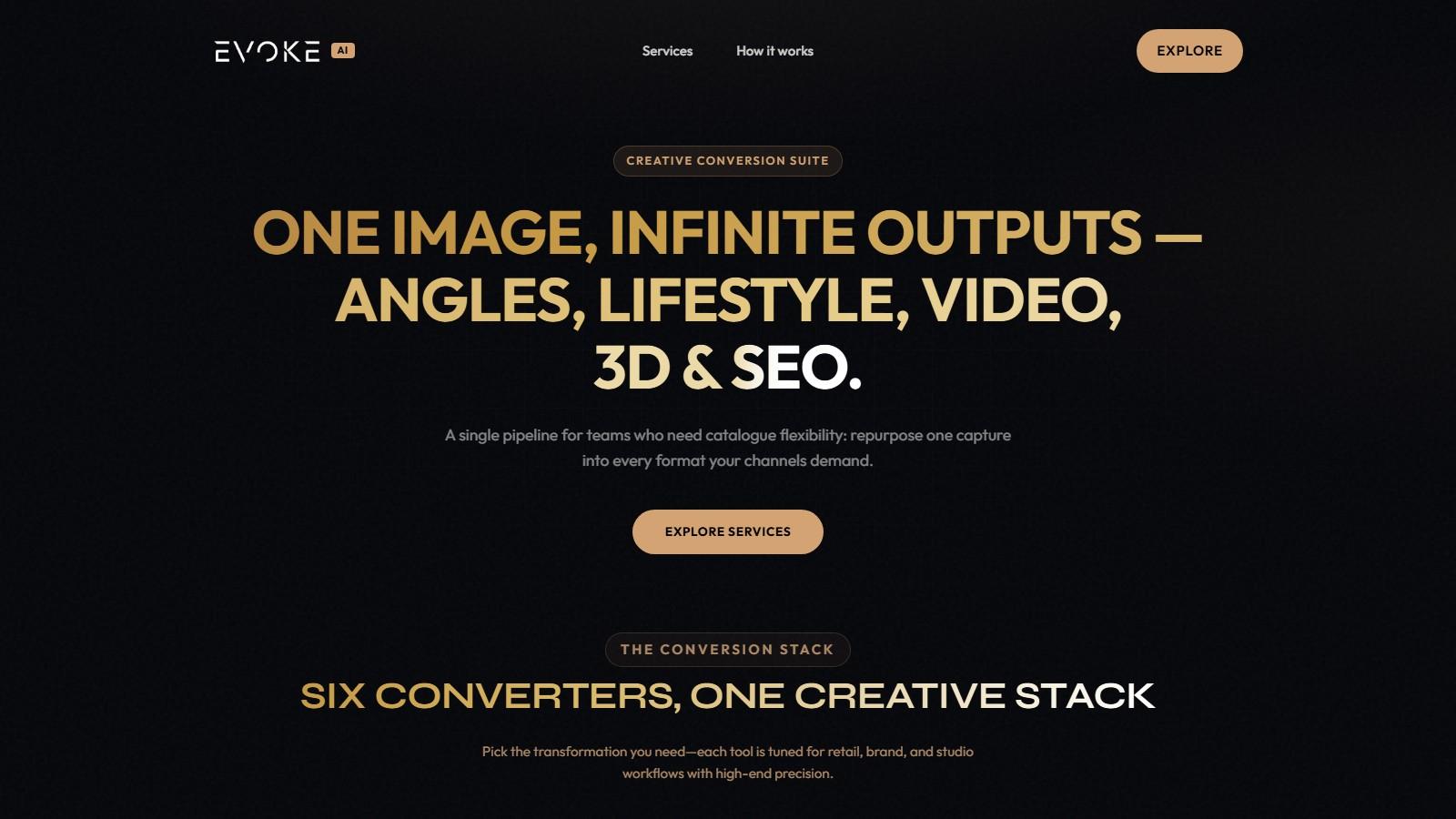 The top of tools.evokemarketplace.com: the headline "One image, infinite outputs — angles, lifestyle, video, 3D & SEO" in gold on black, above an Explore Services button.