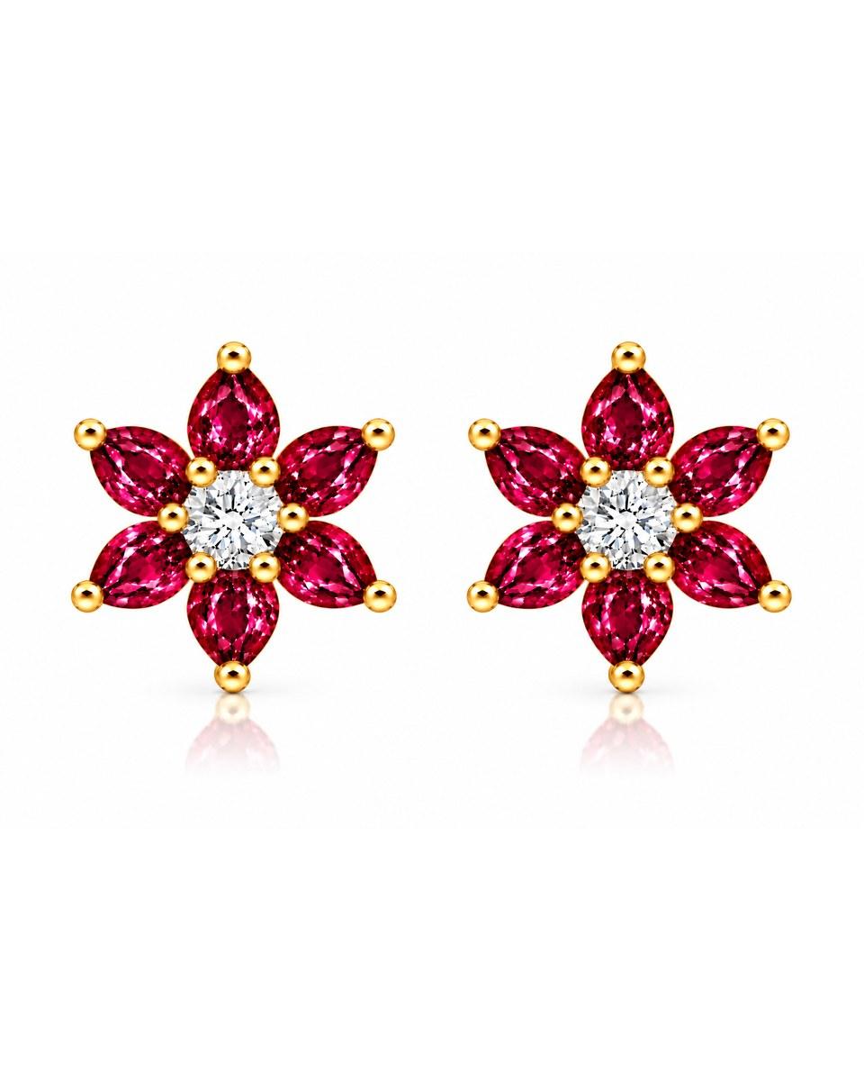 The Kiçh Aura Fleur Éternelle Blossom Stud Earrings: two flower-shaped studs with red petals around a clear centre stone.