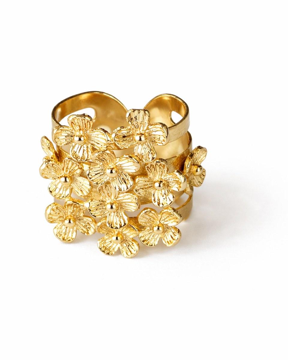 The Golden Blossom Bouquet Ring: a wide gold-tone band covered in clustered flowers.