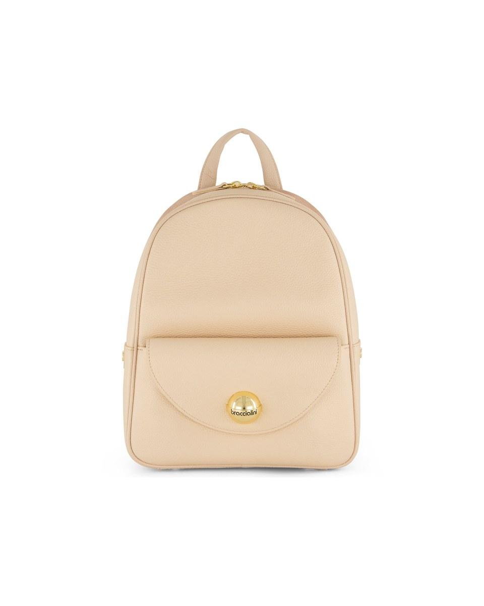 The Ariel Cream Backpack: a small cream leather backpack with a top handle and a round gold-tone clasp on its front flap.