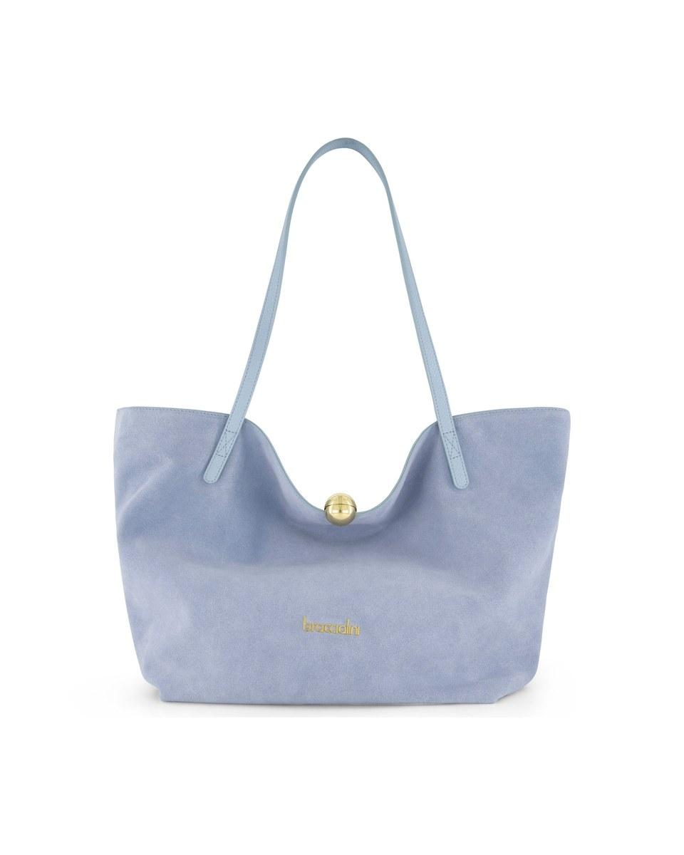 The Ariel Suede Blue Tote Bag: a pale blue suede tote with long handles and a round gold-tone clasp.