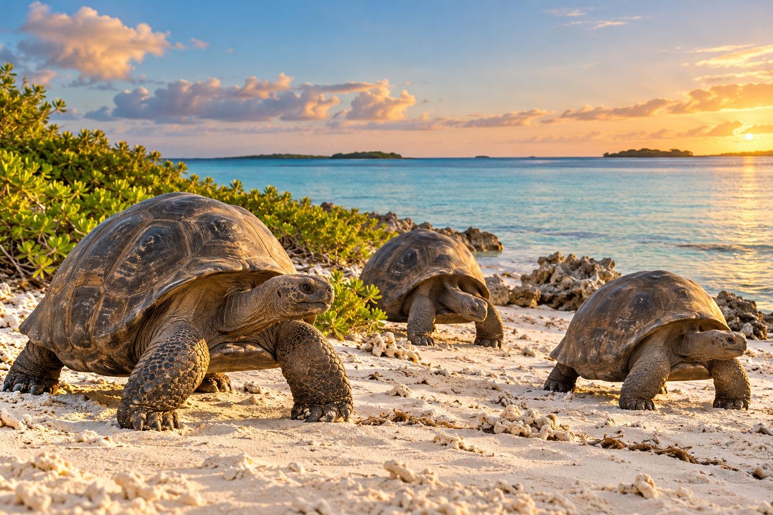 Three Aldabra giant tortoises walk across white coral sand at sunset, green coastal scrub behind them and a calm turquoise lagoon beyond, with small islands on the horizon and the sun low on the right.