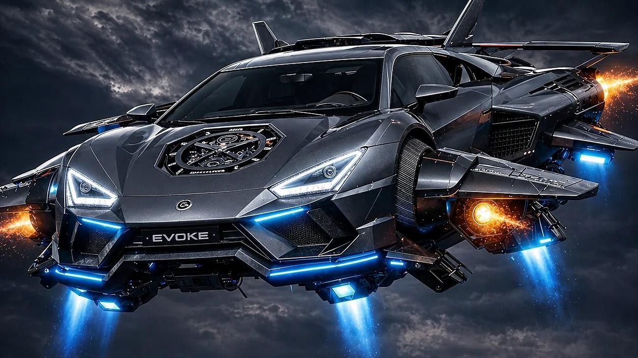 EVOKE Immersive Technologies' picture for the CMO Agent: a dark grey sports car badged EVOKE flies over a city at night, blue jets firing beneath it and flames from its side thrusters, under a stormy sky.