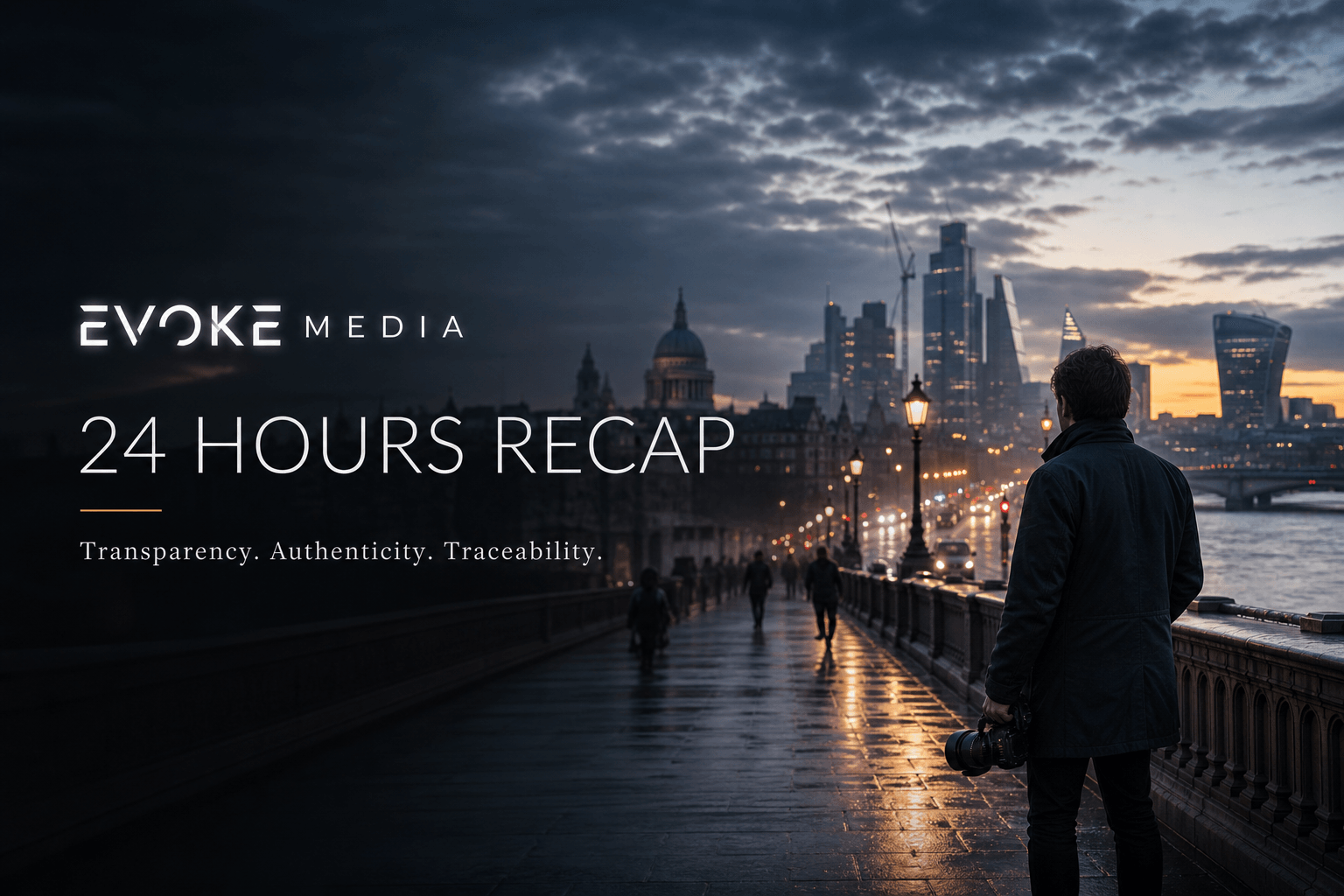 EVOKE Media 24 Hours Recap hero showing a photojournalist overlooking a rain-soaked city at dawn with glowing streetlights and traffic.