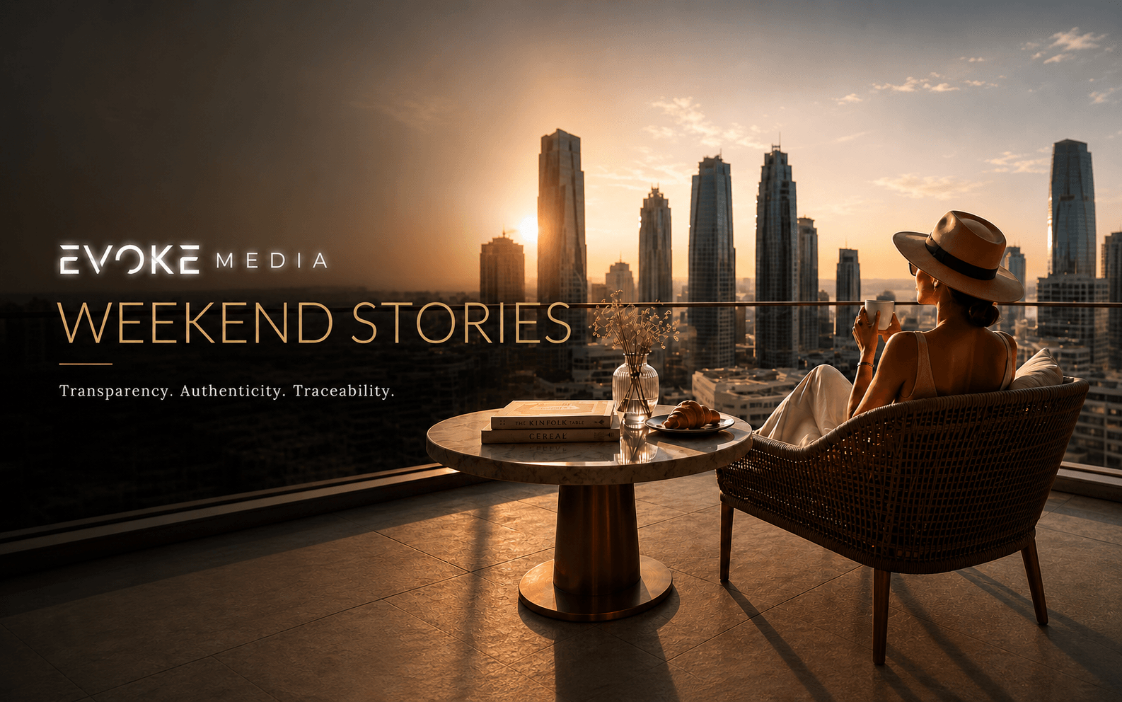 EVOKE Media Weekend Stories hero featuring a woman in a wide-brim hat enjoying coffee on a rooftop terrace overlooking a city at sunset.