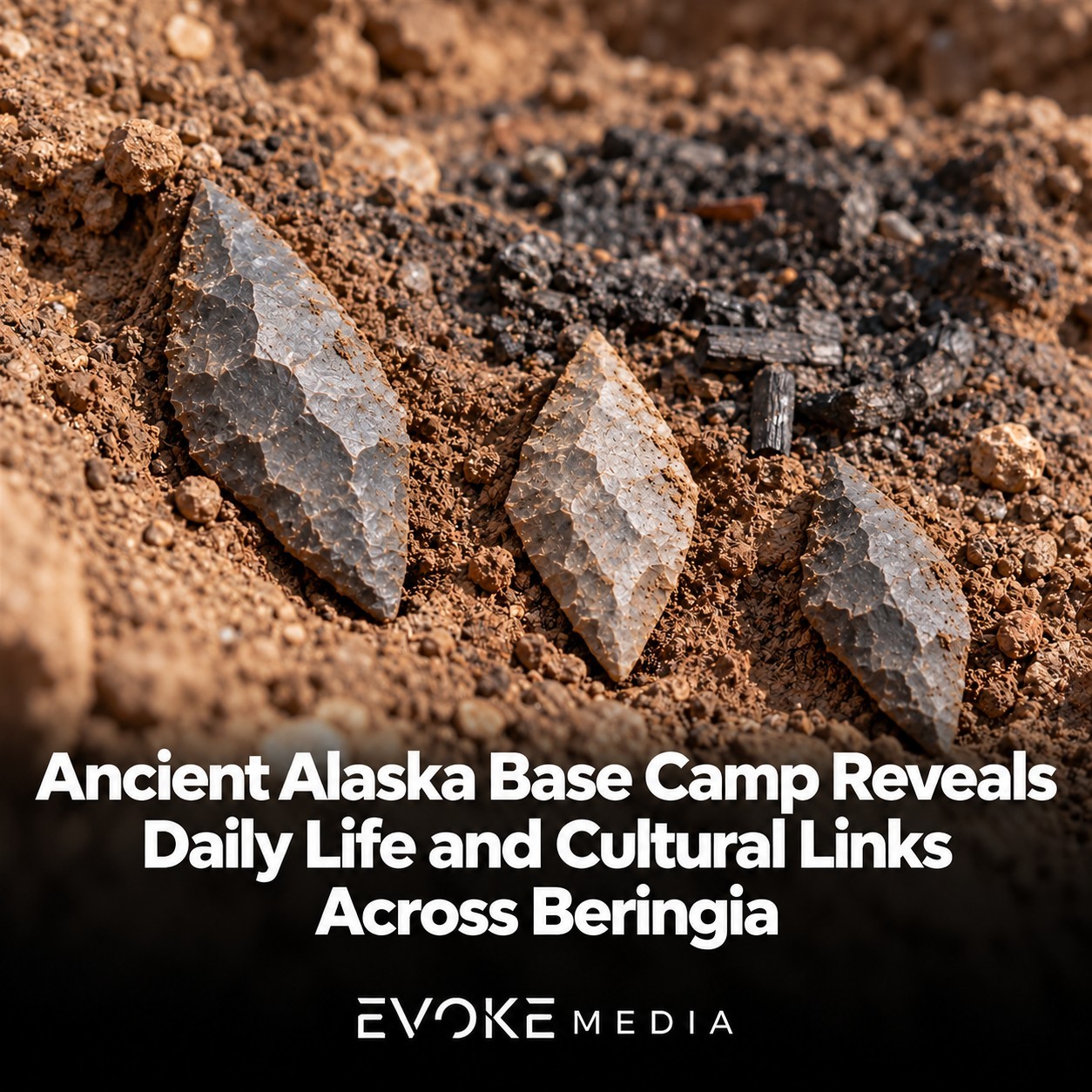 Illustration of chipped stone tools partly exposed in soil beside charcoal remains of a hearth.