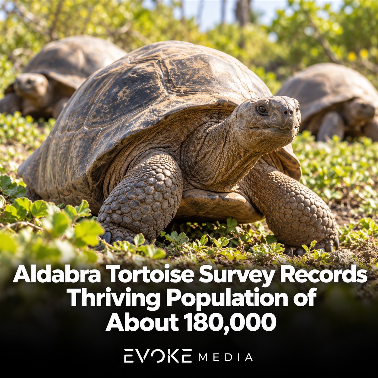 Illustration of giant tortoises standing among low green vegetation in daylight.