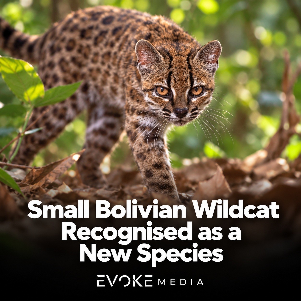 Illustration of a small spotted wildcat standing among leaves on a forest floor.