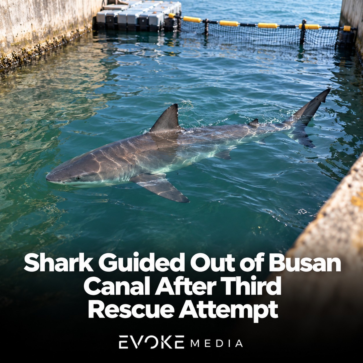 Illustration of a grey shark swimming in a concrete-sided canal with a floating platform and net barrier behind it.