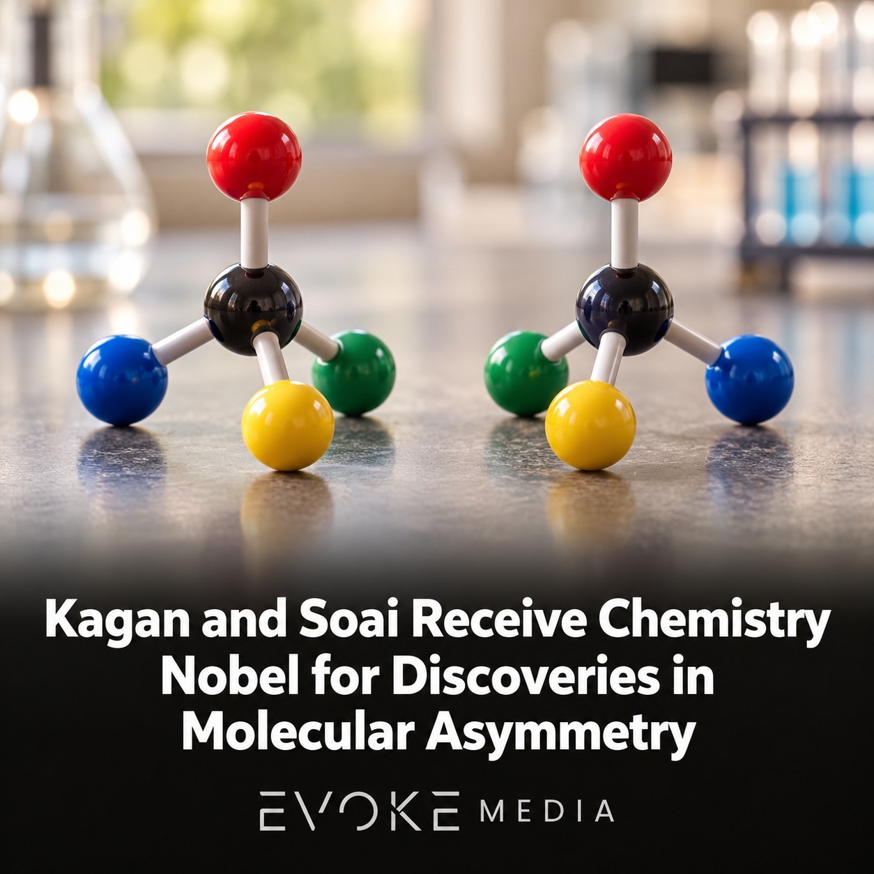 Illustration of two mirror-image molecular models on a sunlit laboratory bench.