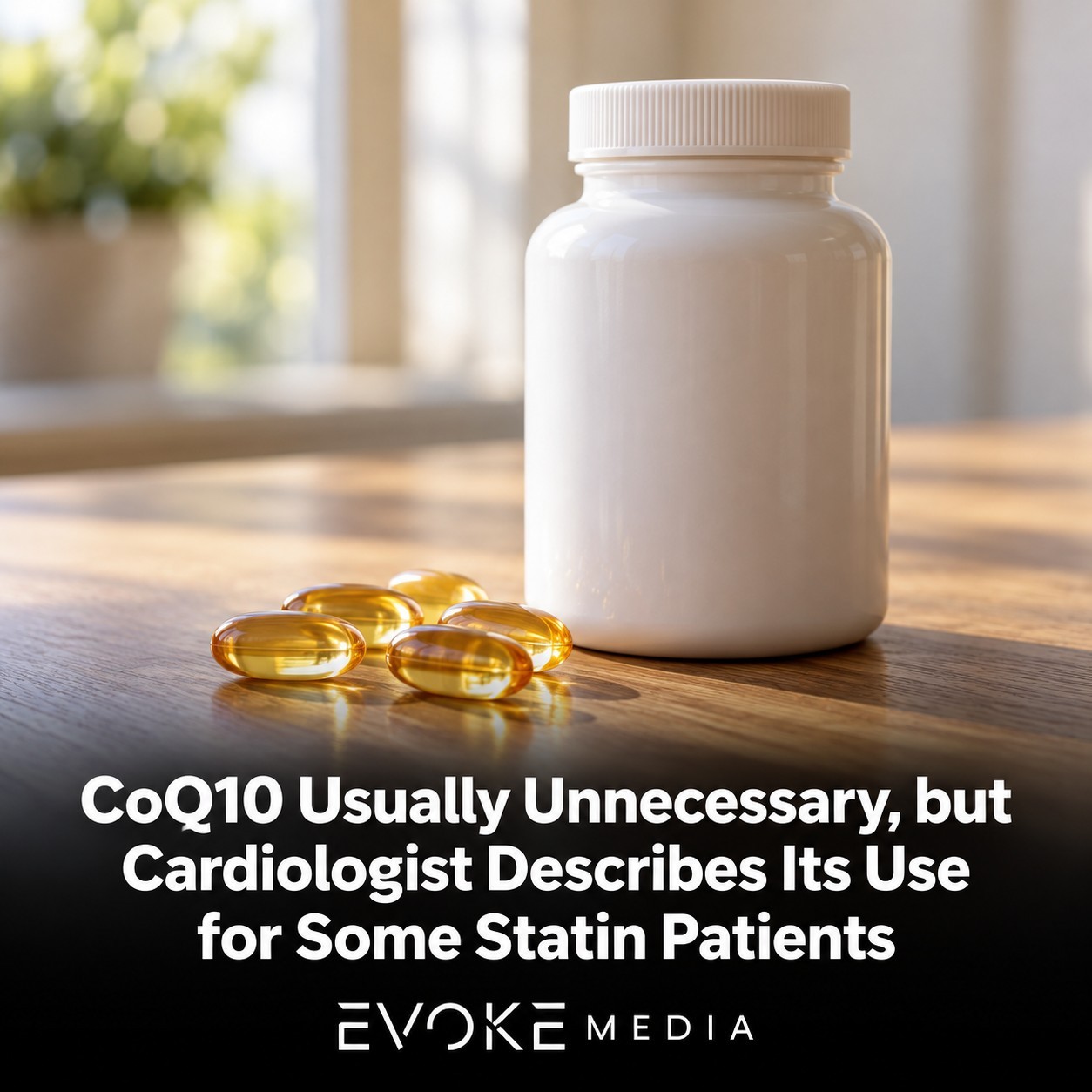 Illustration of an unlabelled white supplement bottle beside golden softgel capsules on a sunlit wooden table.