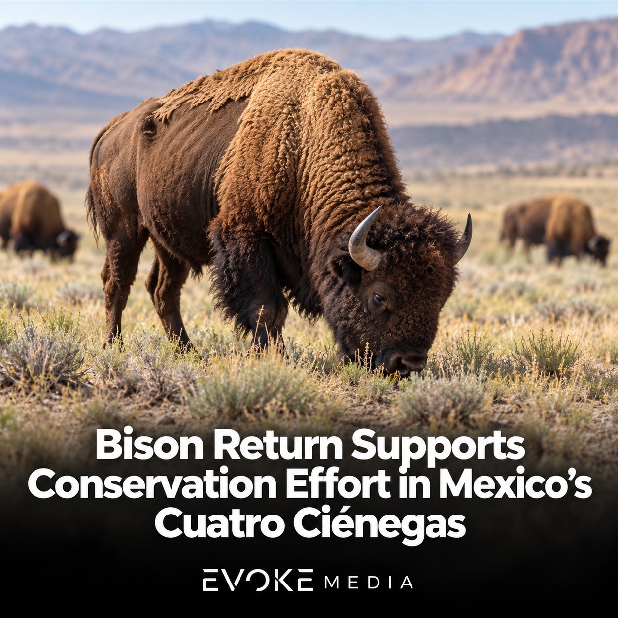 Illustration of American bison grazing on grassland in a dry valley with mountains behind them.