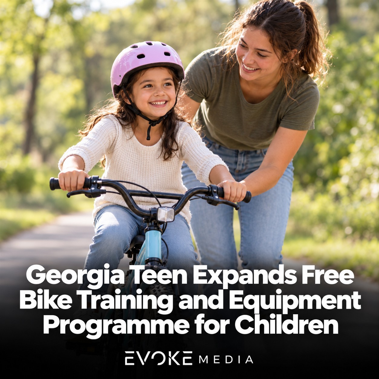 Illustration of a helmeted child learning to ride a bicycle with help from a volunteer on a sunlit trail.