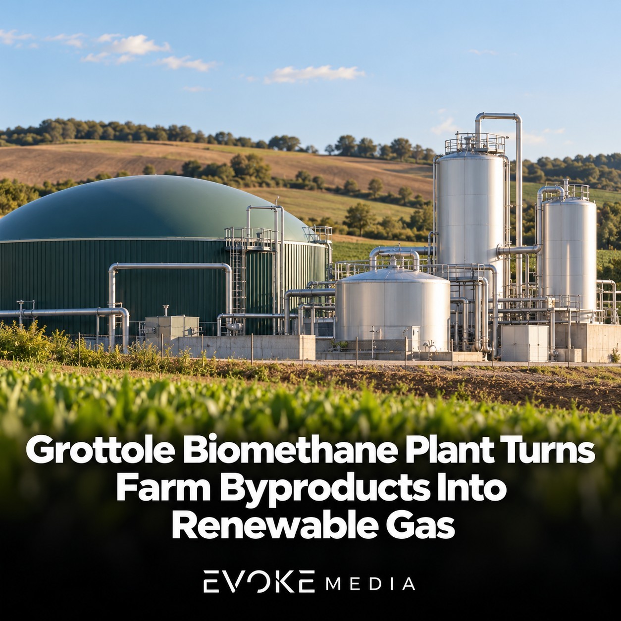 Illustration of industrial tanks and pipework beside agricultural fields in daylight.