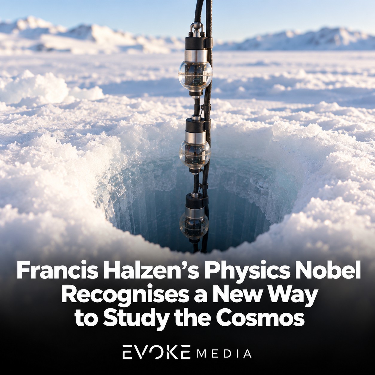 Illustration of light sensors suspended on a cable above a borehole in snow-covered ice.