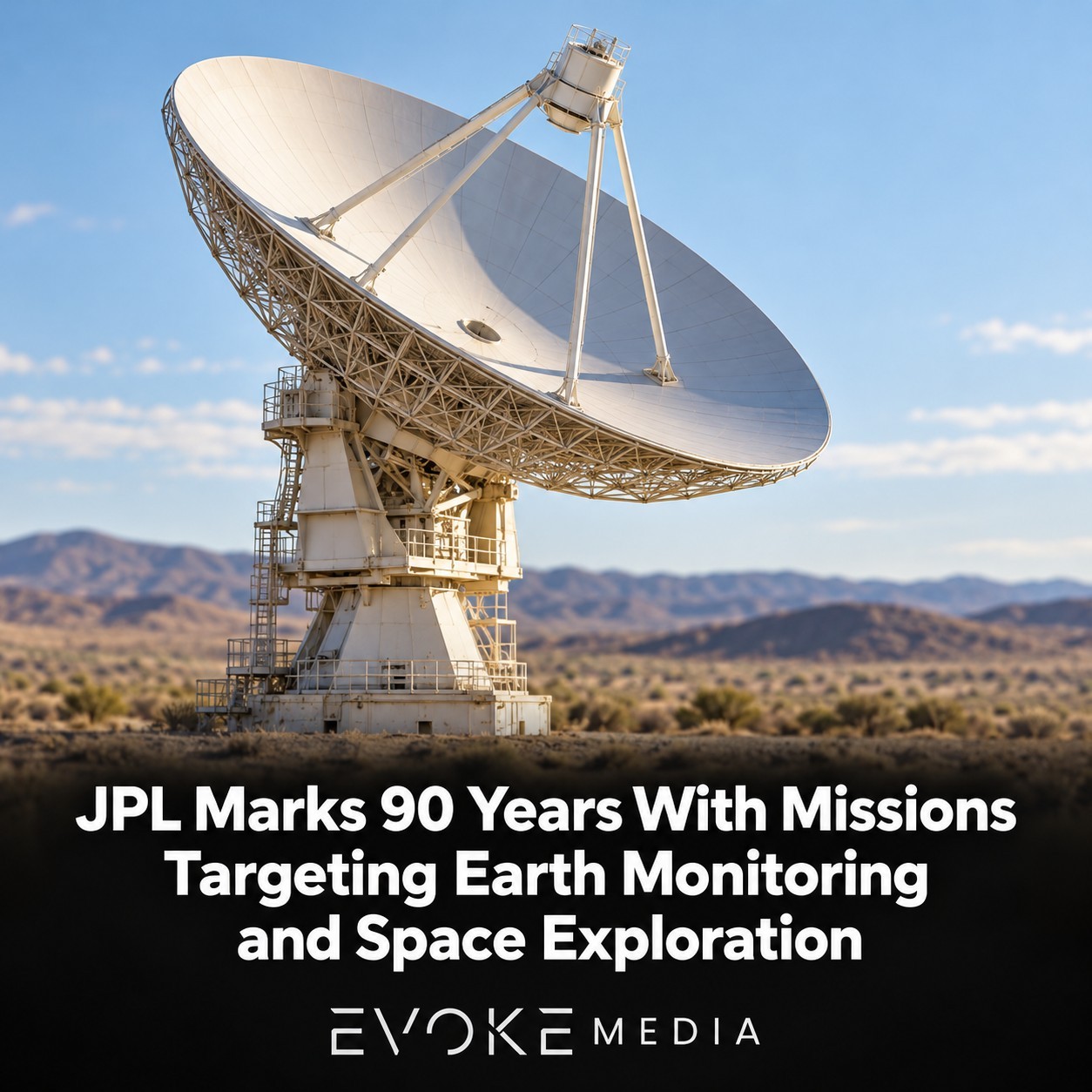Illustration of a large communications dish pointing skyward in a dry landscape with distant hills.