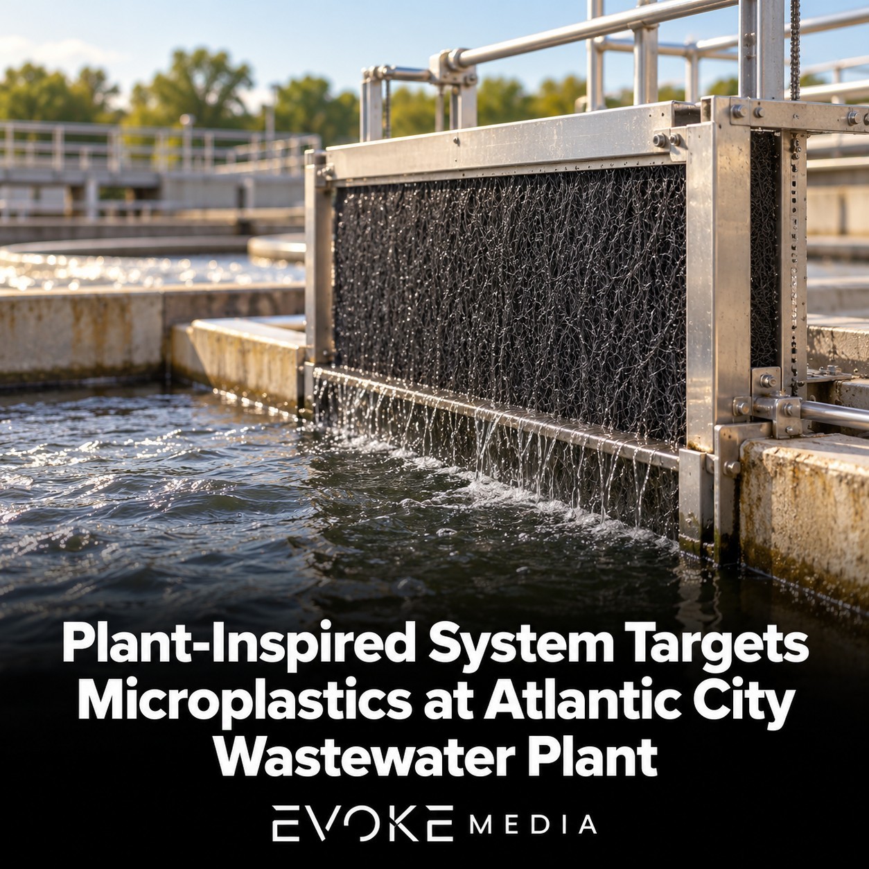 Illustration of a framed filtration unit positioned in a sunlit wastewater treatment channel.
