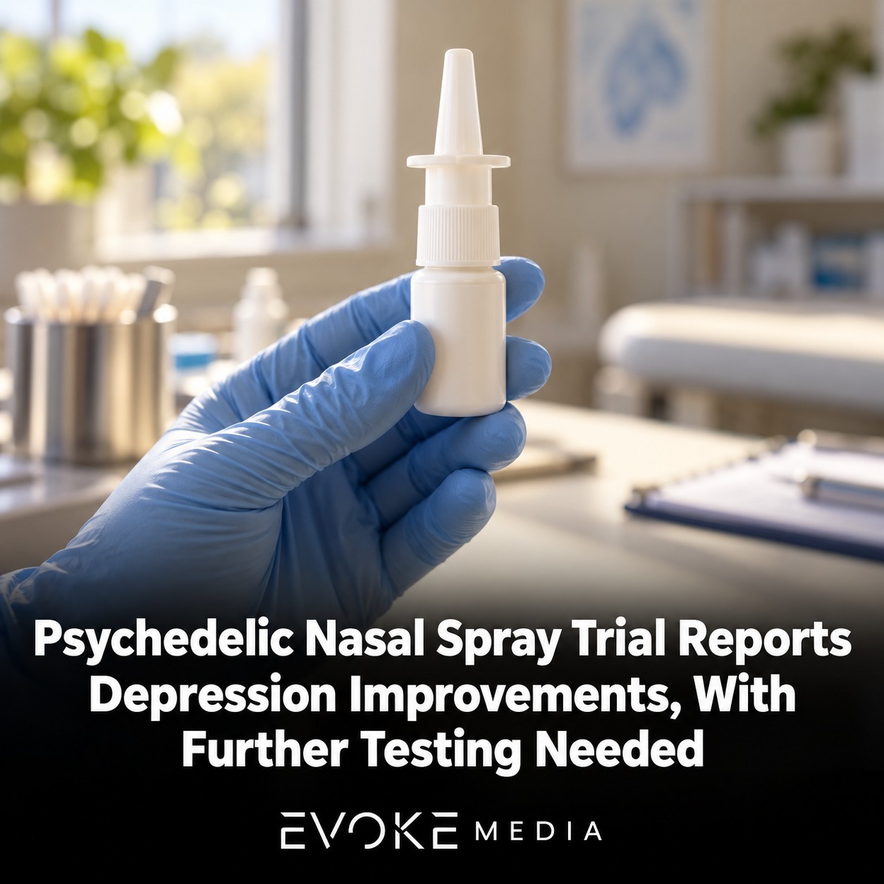 Illustration of a gloved hand holding an unlabelled nasal spray bottle in a sunlit clinical room.