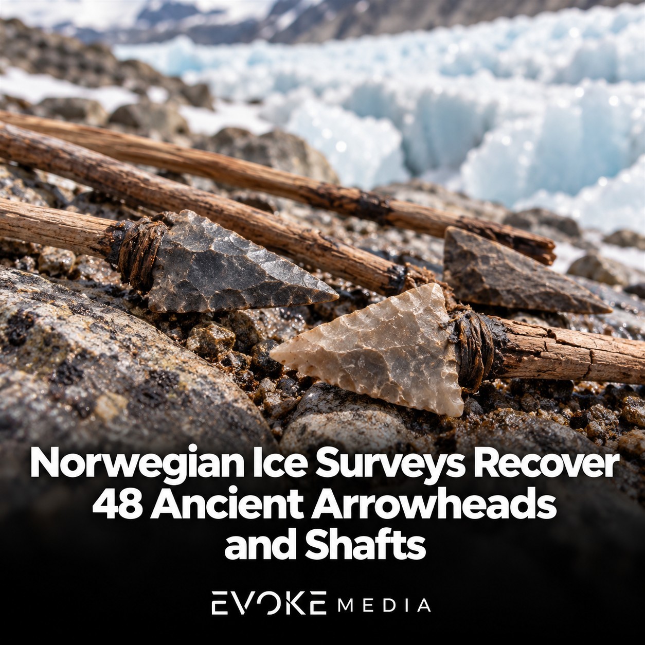 Illustration of ancient arrowheads and wooden shafts resting on rocky ground beside glacier ice.