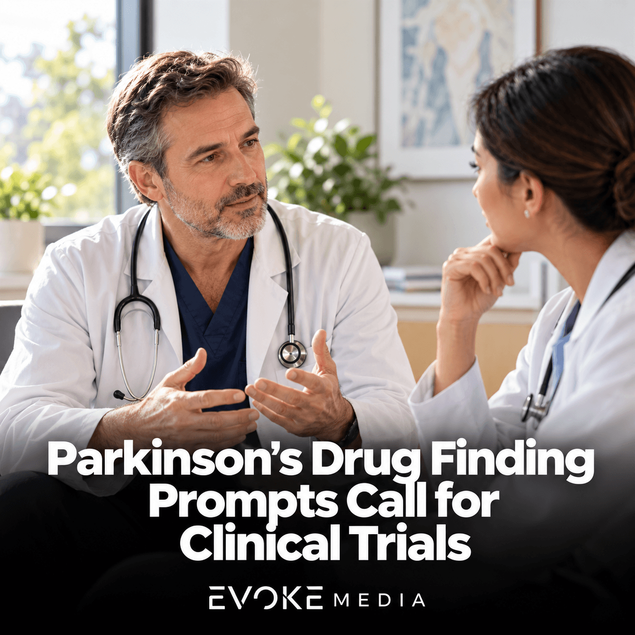 Illustration of two doctors discussing a medical finding in a daylit office.