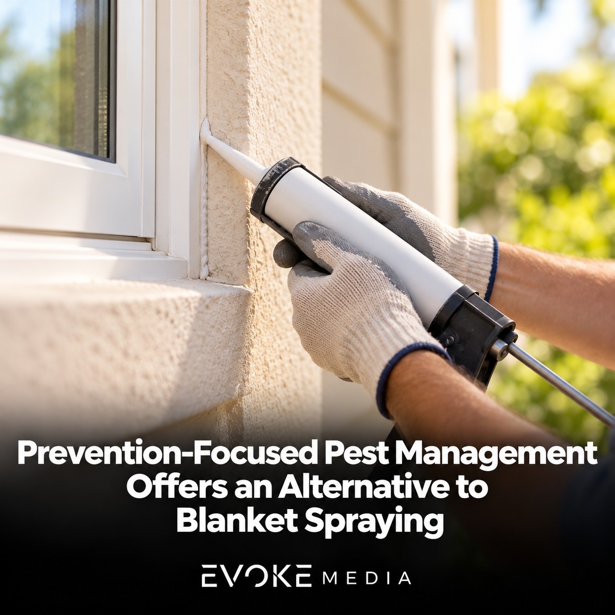 Illustration of gloved hands applying sealant along the outside edge of a window frame.