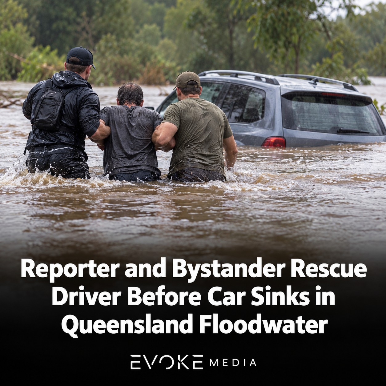 Illustration of two people supporting a man through floodwater beside a partly submerged vehicle.