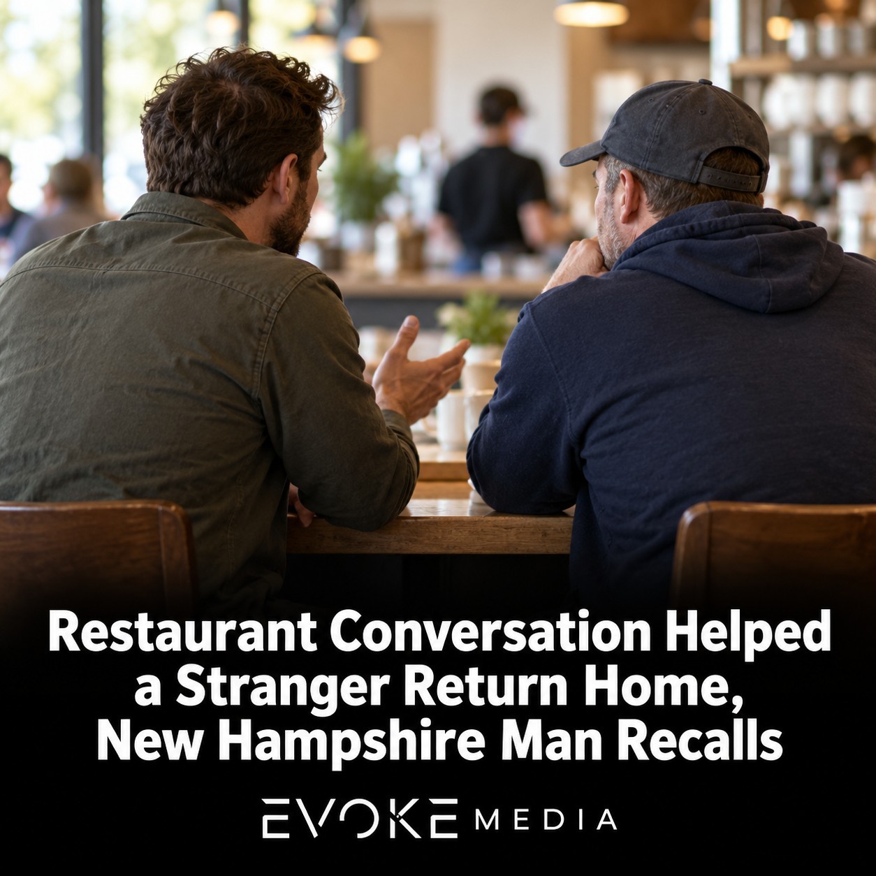 Illustration of two men seen from behind having a conversation at a sunlit restaurant counter.