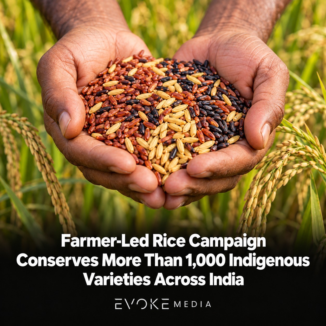 Illustration of cupped hands holding red, black and golden rice grains in a paddy field.
