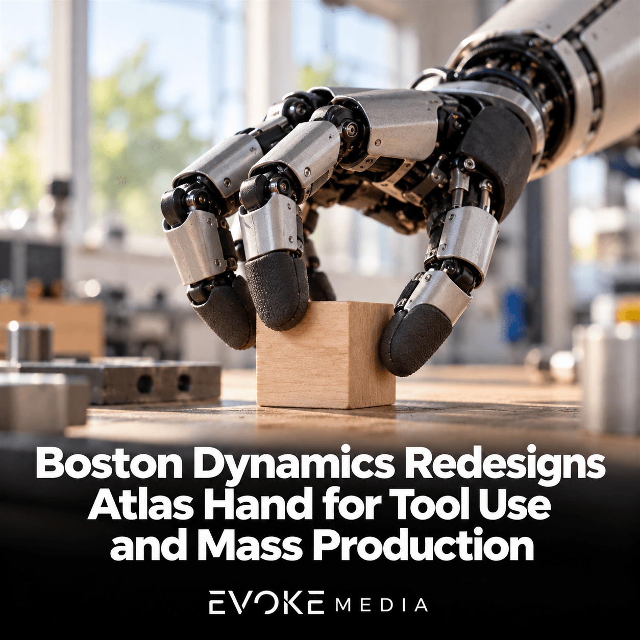Illustration of a humanoid robot hand gripping a wooden block