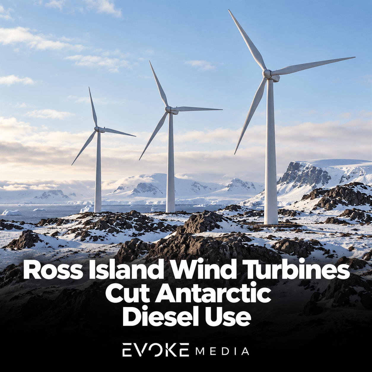 Illustration of three wind turbines on snow-covered rocky ground beside icy water.