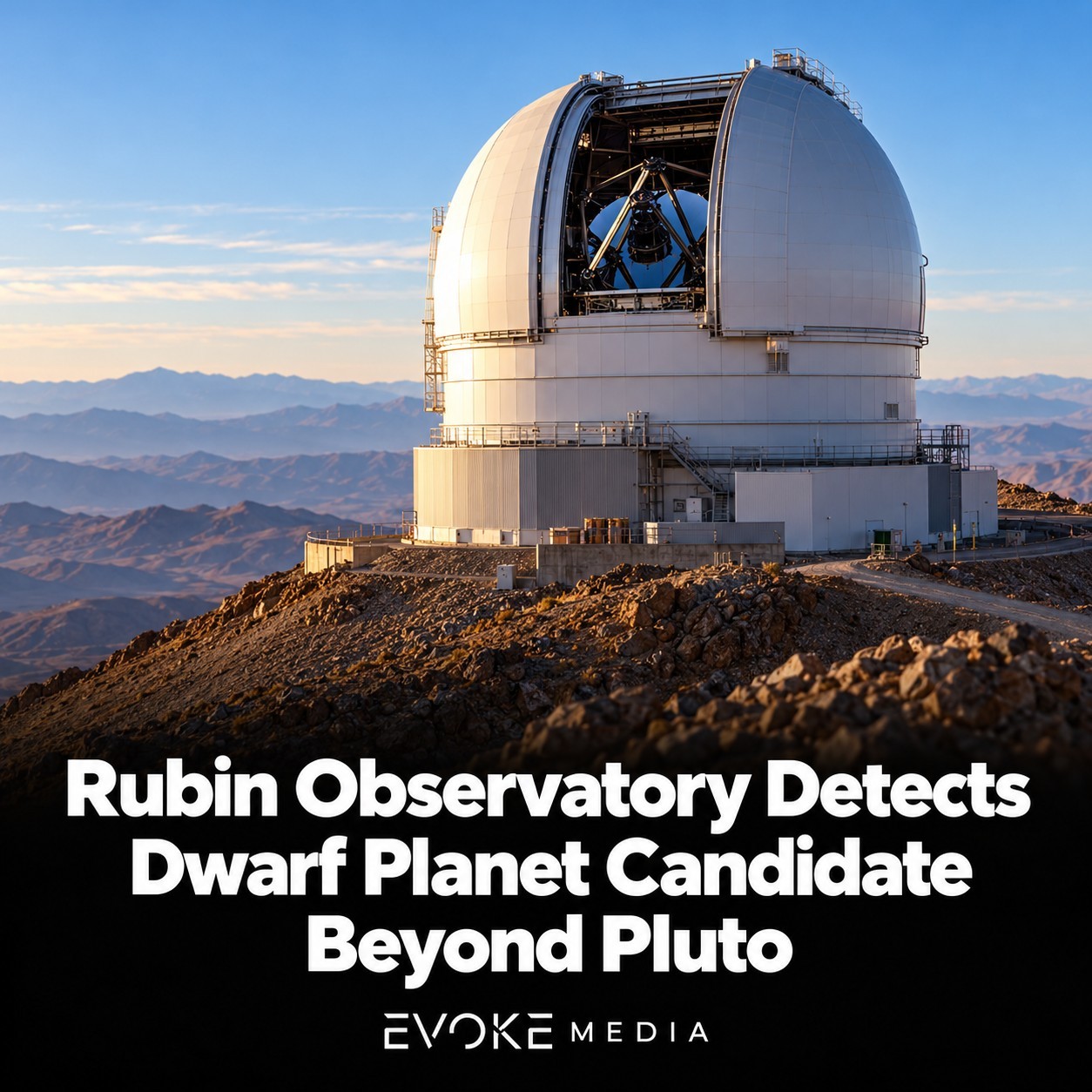 Illustration of an observatory dome on a rocky mountaintop overlooking distant ridges in soft sunlight.