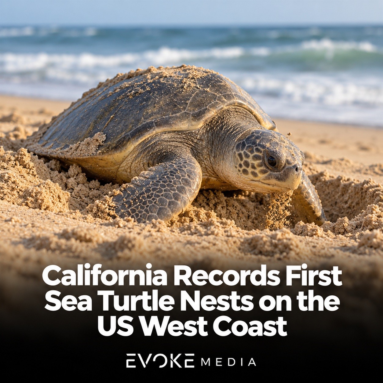 Illustration of a sea turtle digging a nest on a sandy beach beside the ocean.
