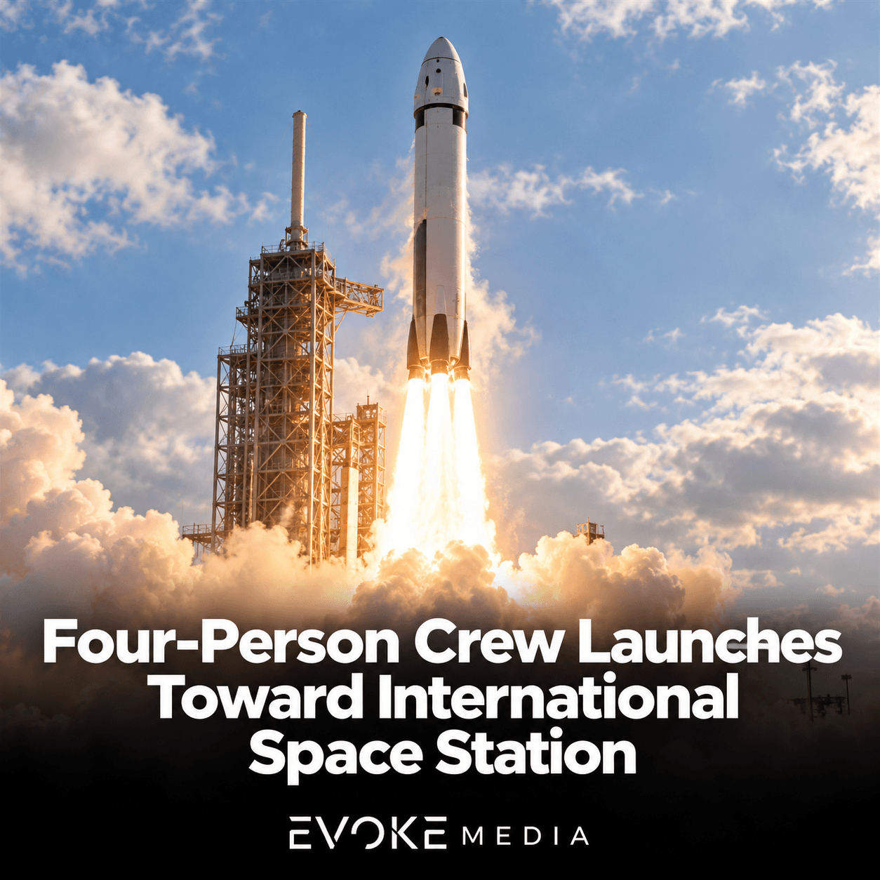 Illustration of a rocket lifting off beside a launch tower beneath a partly cloudy sky.