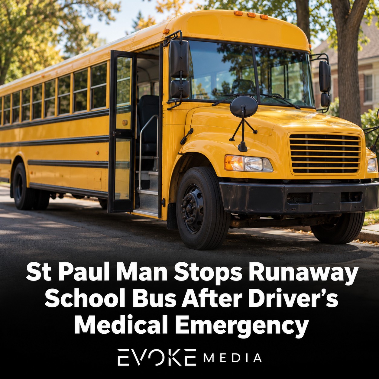 Illustration of a yellow school bus stopped on a tree-lined street with its entrance door open.