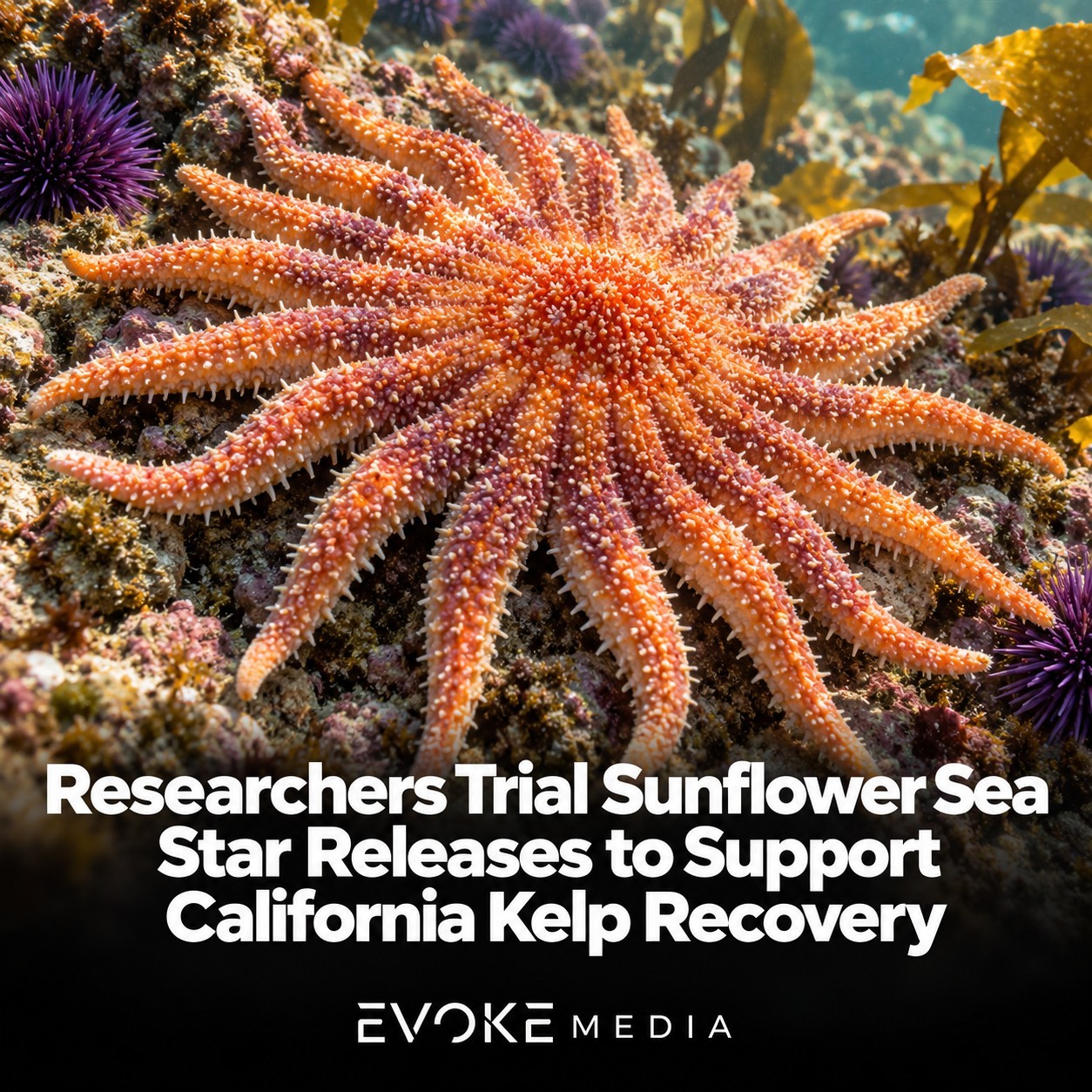 Illustration of a sunflower sea star on a rocky seabed beside purple sea urchins and kelp.