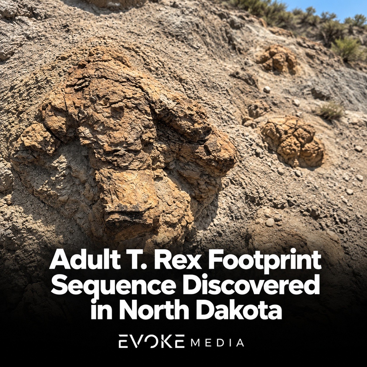 Illustration of fossilised footprints exposed in weathered rocky ground.