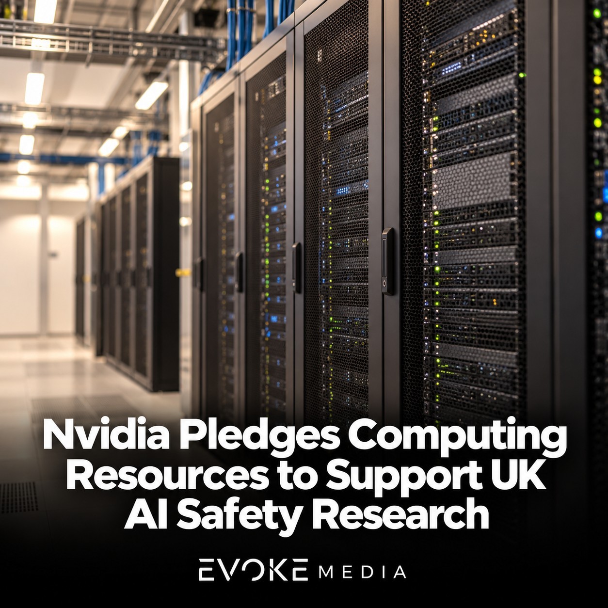 Illustration of server racks in a brightly lit data centre.