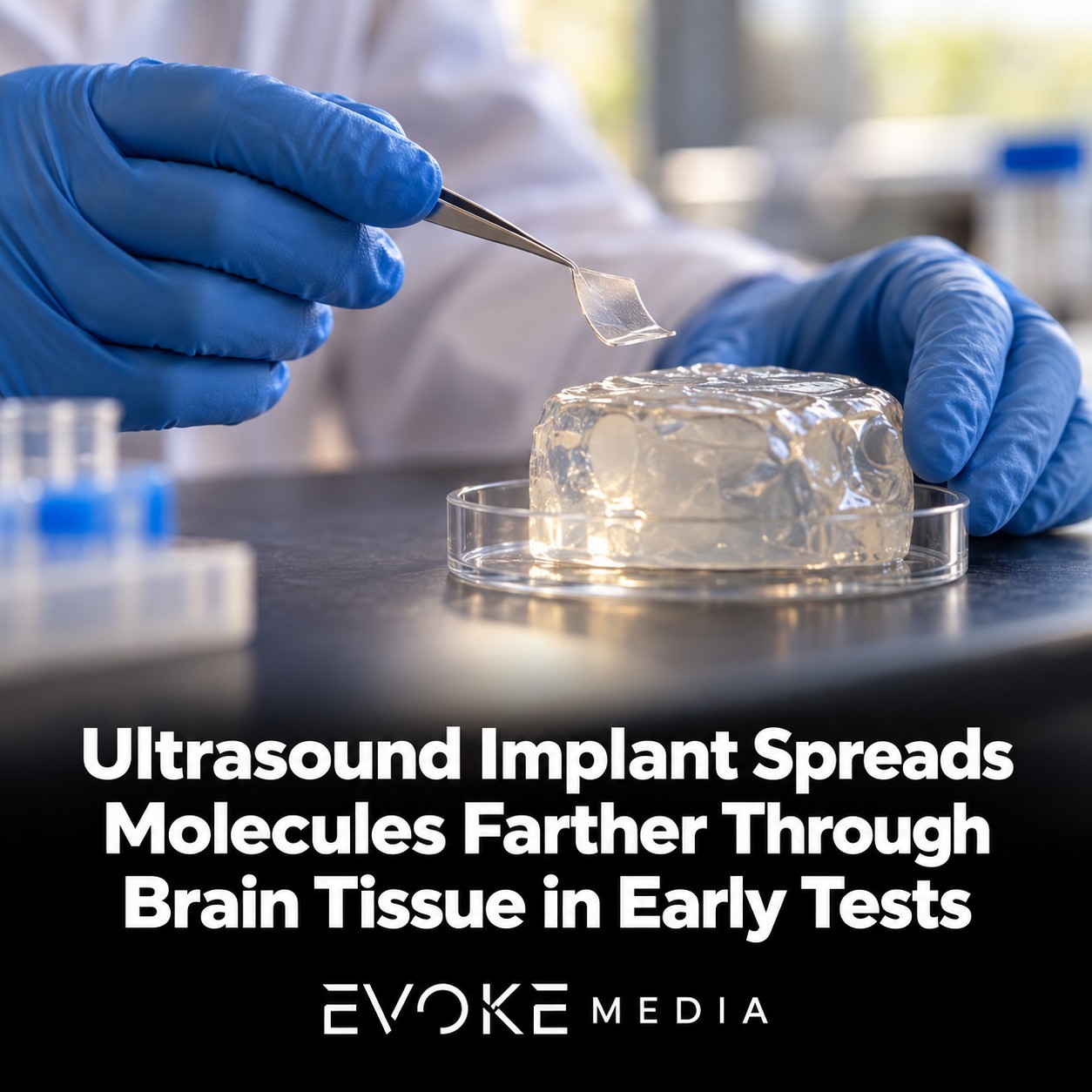 Illustration of gloved hands holding a thin flexible implant above a clear gel tissue model on a laboratory bench.