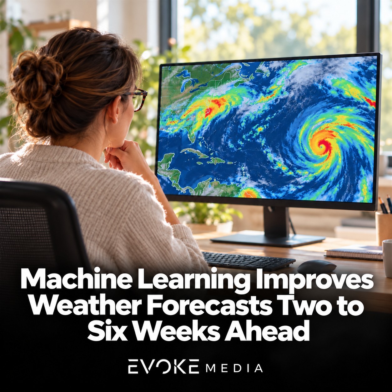 Illustration of a researcher viewing a weather map on a computer in a sunlit room.