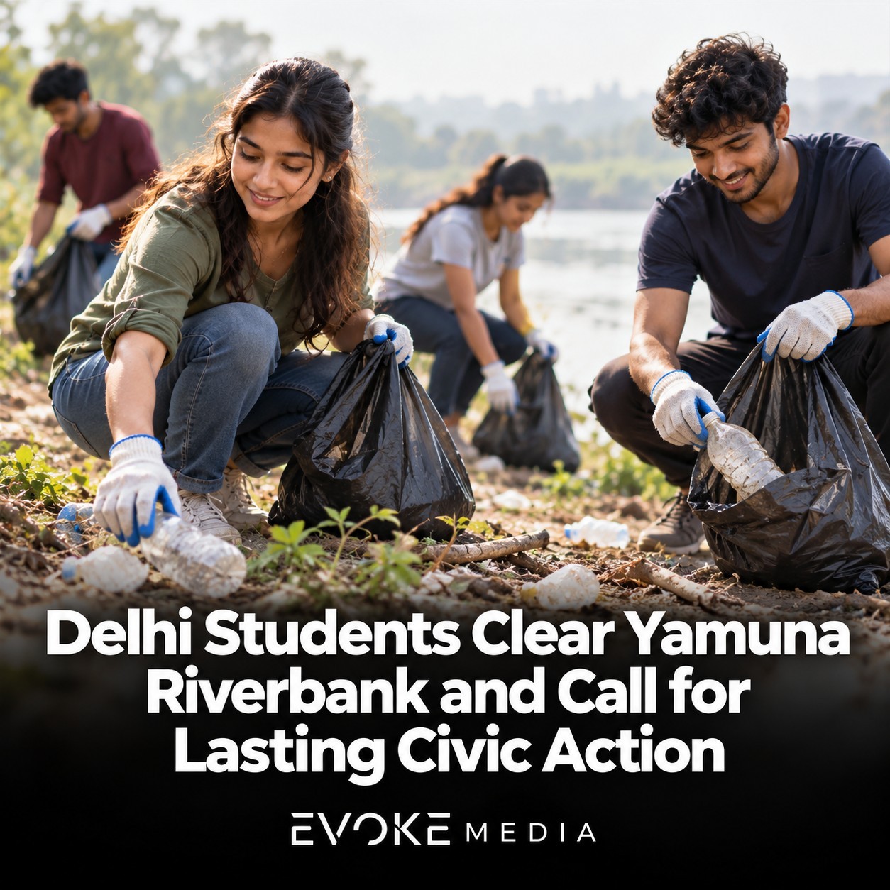 Illustration of student volunteers wearing gloves and collecting litter into bags beside a river.