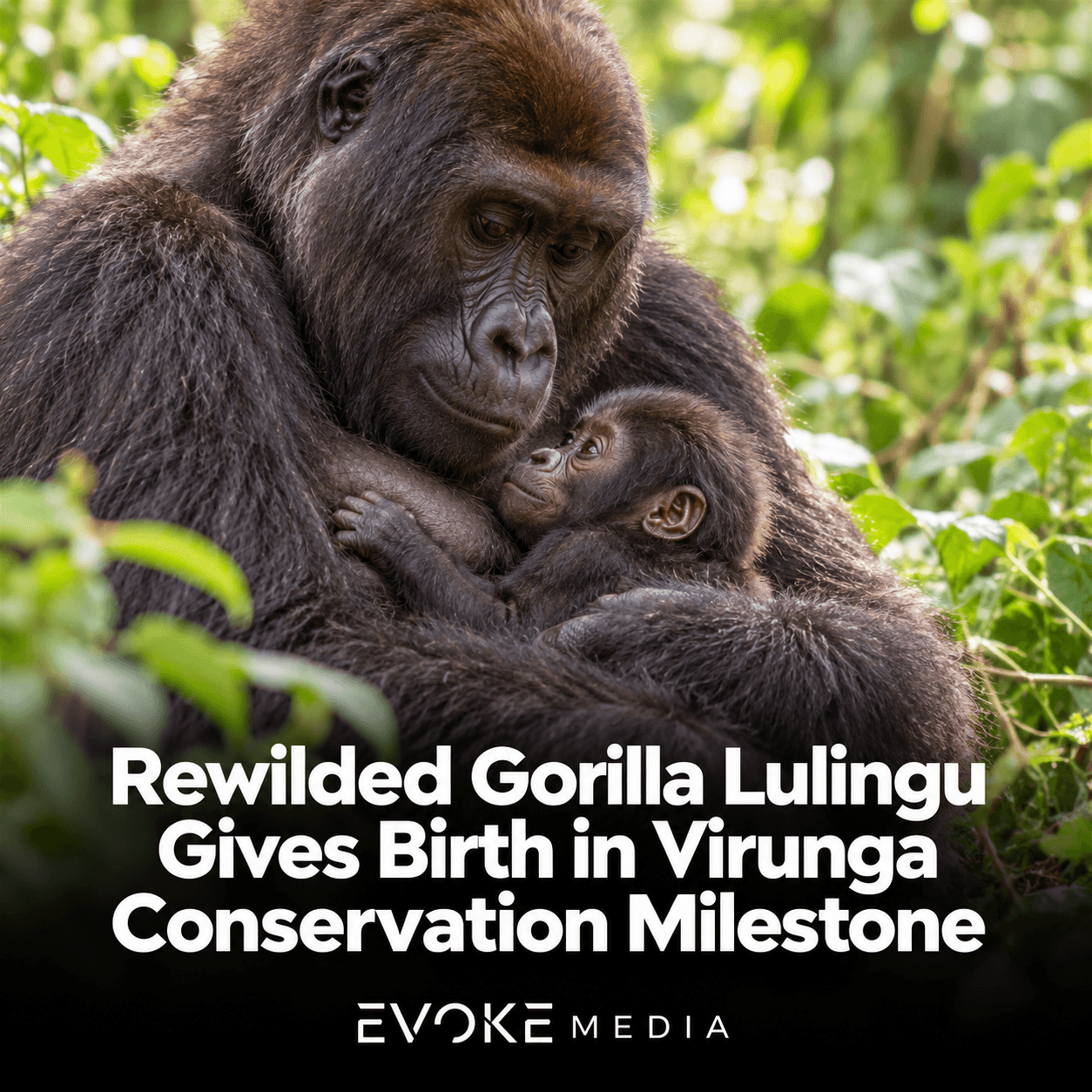 Illustration of a mother gorilla cradling her infant among green forest vegetation.